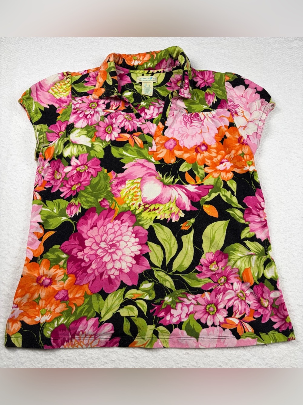 Caribbean Joe Black Floral Cap Sleeve Polo Top - Pink, Green, Orange
